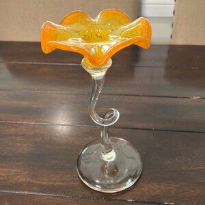 Art Glass Trumpet Candle Holder Swirled-Stem Flared-Rim Flower Orange Clear